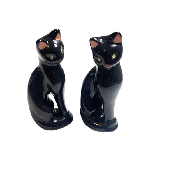 Vintage Chinese Ceramic Cats Black Pair Handmade Unique Pink Ears Figurines MCM